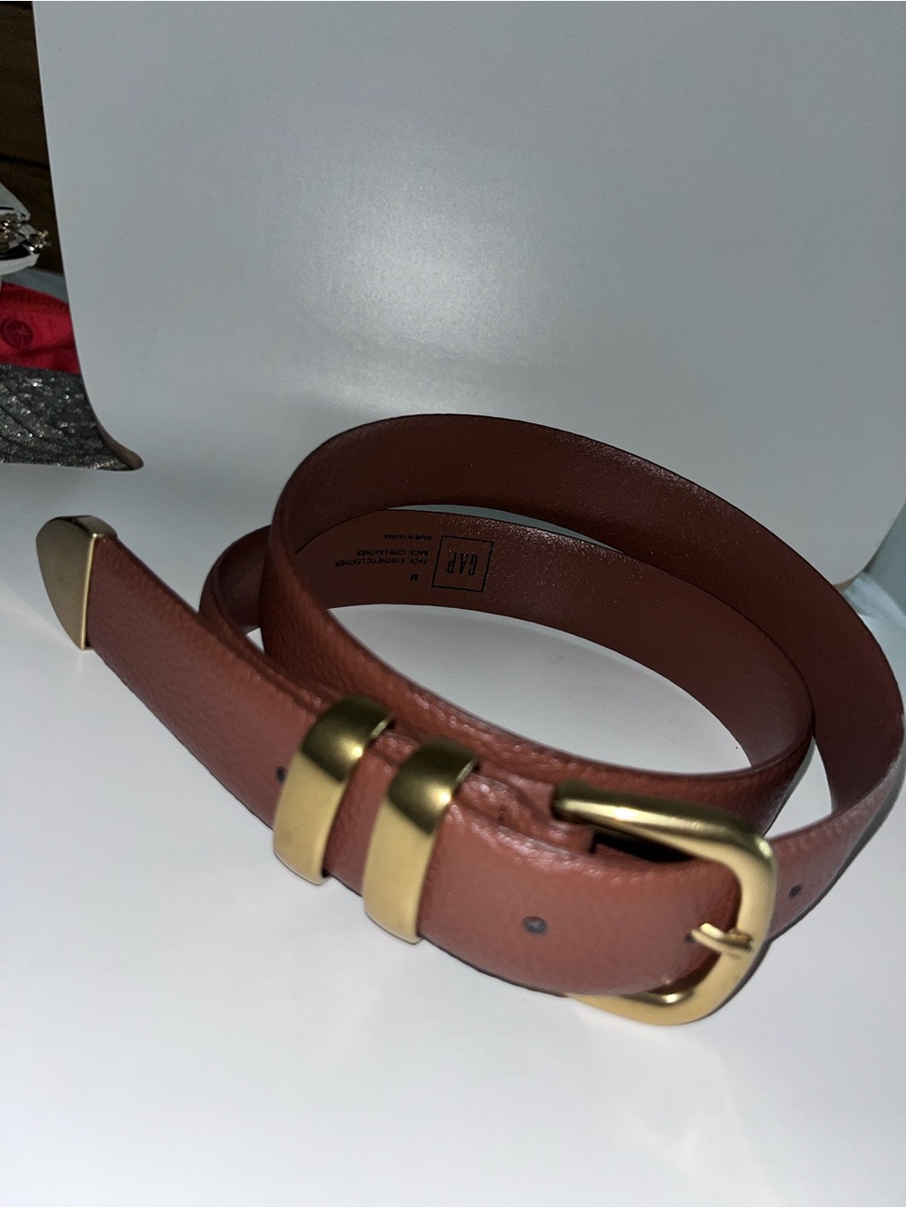 GAP Tan Leather Belt with Gold-Tone Buckle